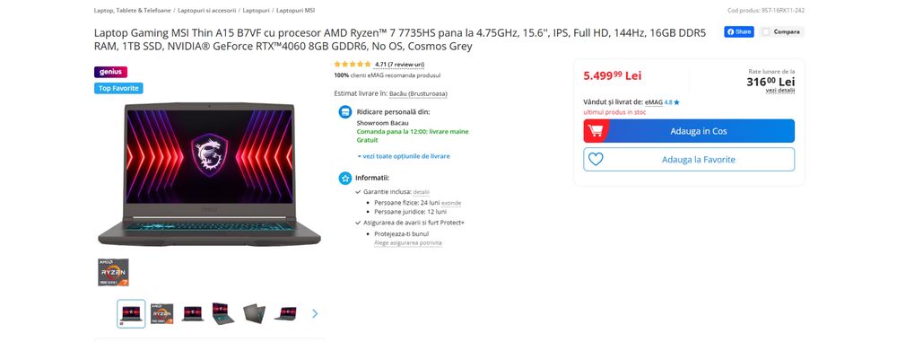 Laptop Gaming MSI RTX 4060 – Stare Impecabila, Garanție până în 2027