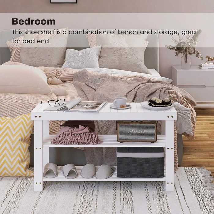 Bancuta raft pentru pantofi, din bambus, 3 niveluri, alb