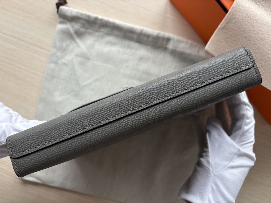 Hermès Kelly Dépêches 25 Epsom Etain, нова, пълен комплект