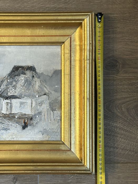 Tablou vechi ulei pe pânză peisaj iarna casa taraneasca rama aurie 36x41cm