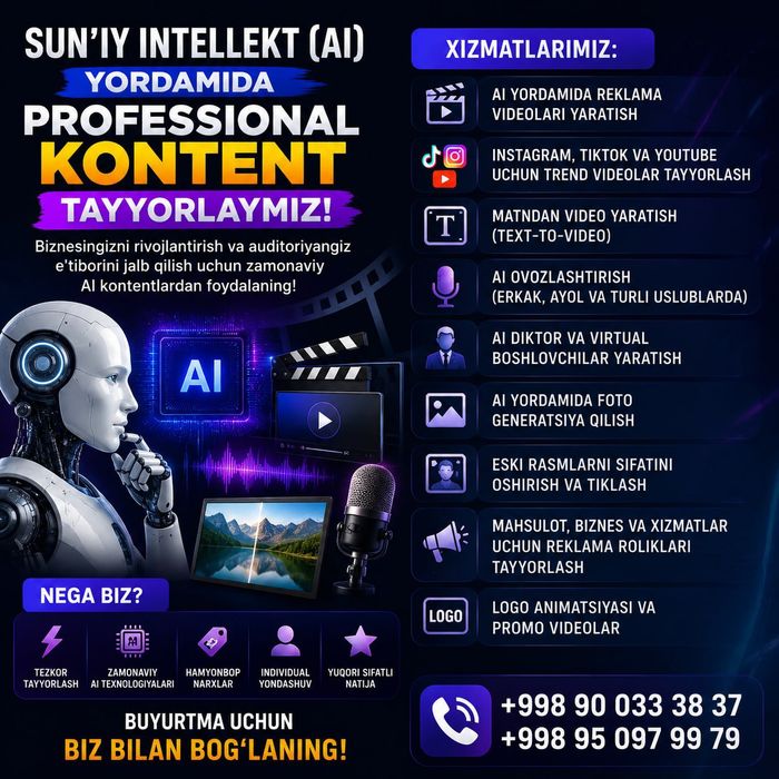 AI yordamida professional video, foto va audio xizmatlari
