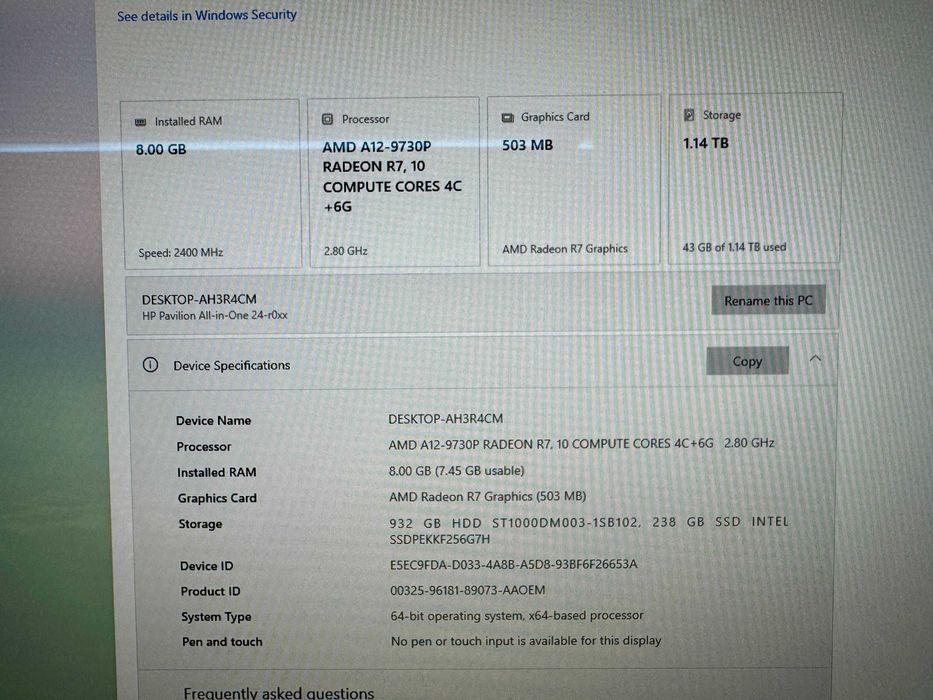 HP Pavilion 24 All-in-One A12 8GB SSD Full HD + Mouse si tastatura