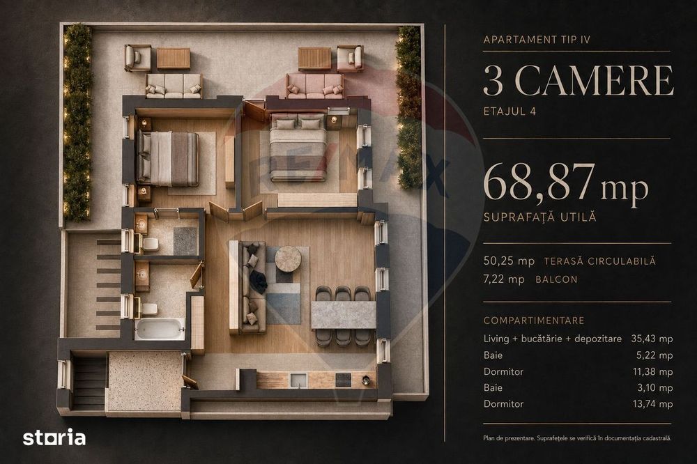 Apartament 3 camere, terasă și balcon, etaj 4 | Tractorul