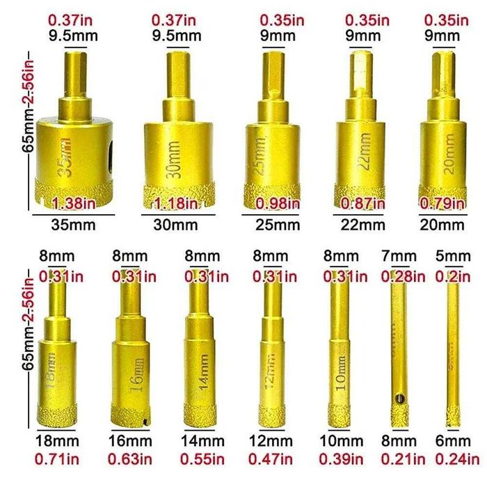 Боркорони диамантени, за фаянс, камък, гранитогрес, 6-35 мм, 12 бр.