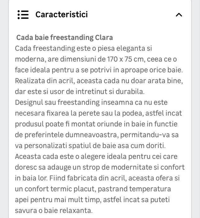 Cada freestanding 170 x 75 cm, alb