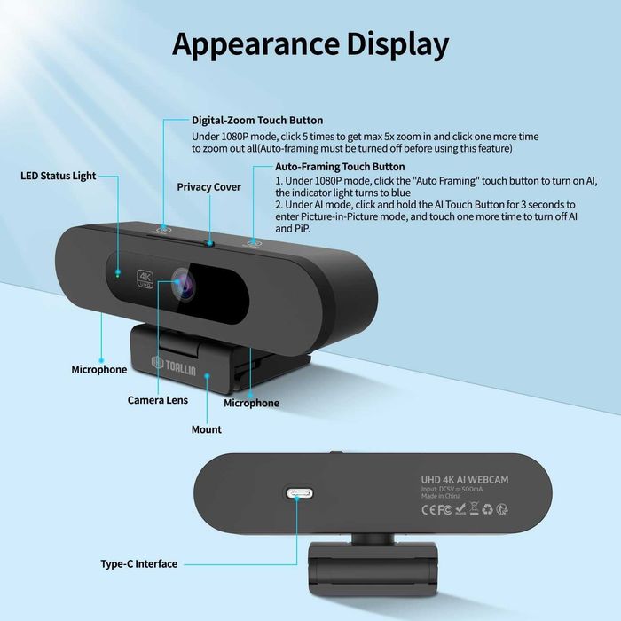 TOALLIN 4K уеб камера с WDR, AI автоматично кадриране, 5X увеличение