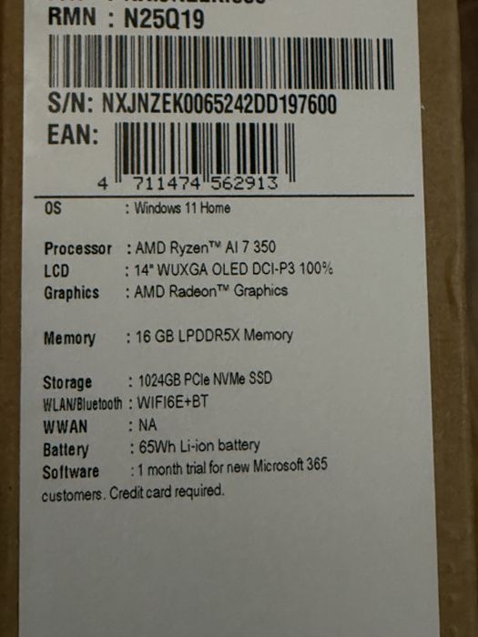 Acer aspire 14 AI 14” oled ryzen 7 350 16gb ddr5 1tb NOU