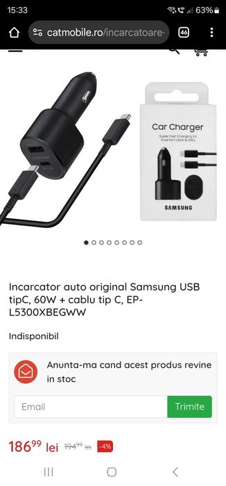 Incarcator Auto Samsung Super Fast Charger 60W Plus Cablu tupeu C