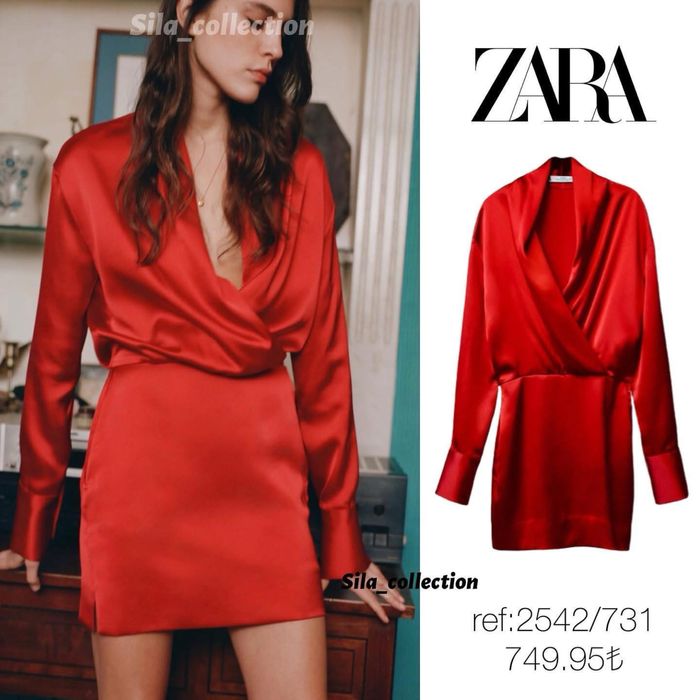 Rochie scurtă din satin roșie cu mâneci lungi Zara Studio mărimea XS