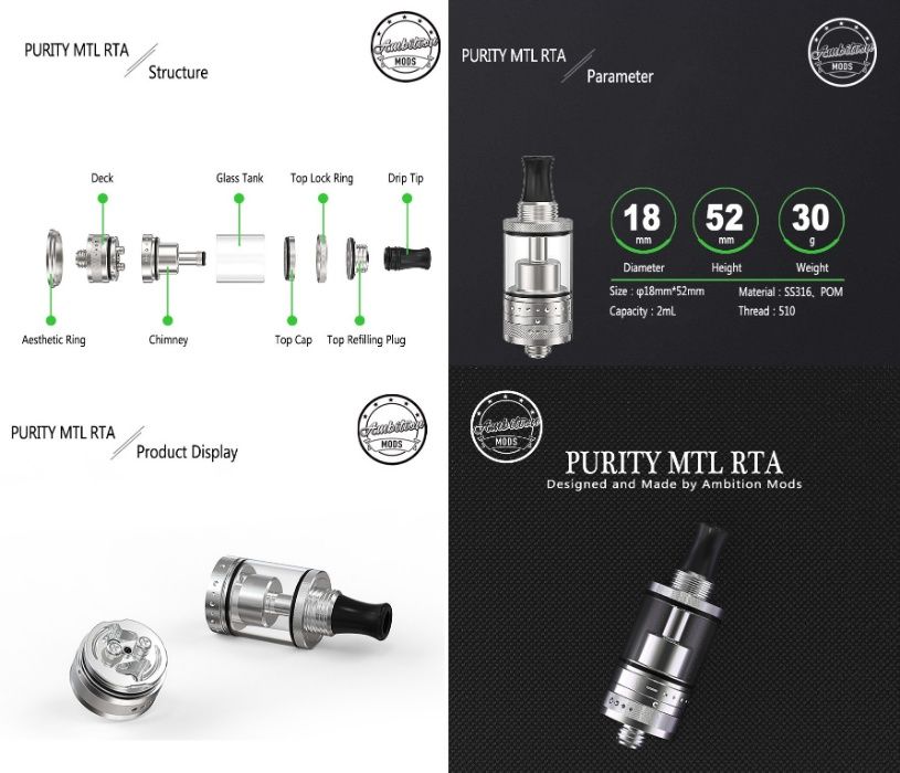 Atomizor PURITY MTL RTA - Ambition Mods - negru - sigilat