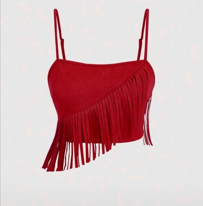 Дамски комплект с две части с червени велурени ресни,