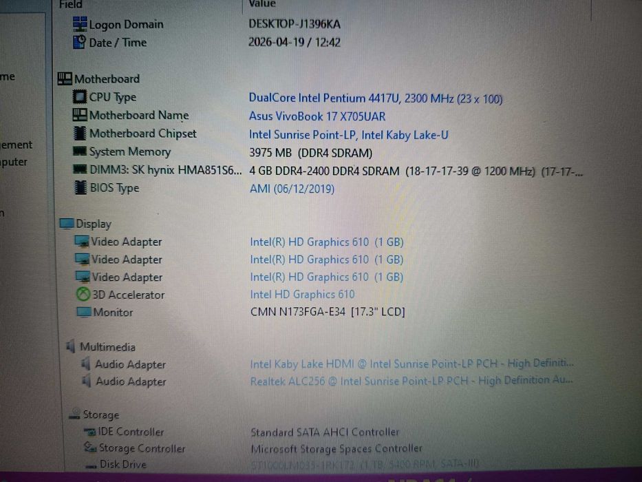 Laptop Asus Vivobook 17, cpu gen 7 Pentium 4417u / i3 7020u, 4gb ddr4, display mare 17,3 inch, baterie buna