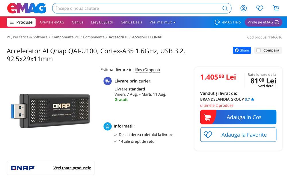 Accelerator AI QNAP QAI-U100, USB, 3 TOPS – nou, pentru NAS QNAP