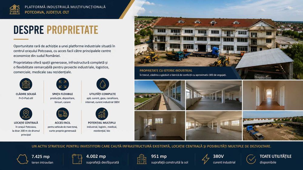 INVESTIȚIE | 4.002 mp construiți + 7.425 mp teren | Platformă industrială cu potențial logistic, medical și rezidențial | Potcoava | Olt