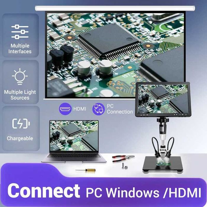 Цифров микроскоп MUSTOOL DM12 2000X LED 20MP 10,1 инча със светлини