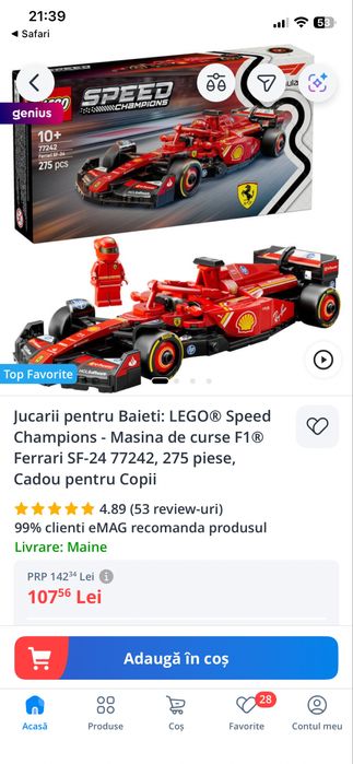 LEGO Mașina de curse F1 Ferrari SF-24, 275 piese