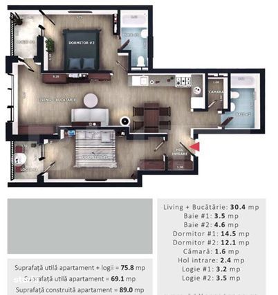 Apartament 3 camere, 69.20 mp, 2 balcone, parcare subterana, boxa, Zon — fotografia 1