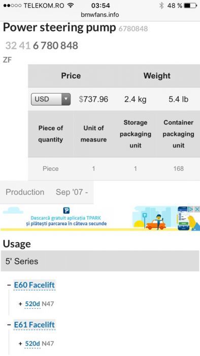 Pompa servo bmw E60/61 20D 177cp