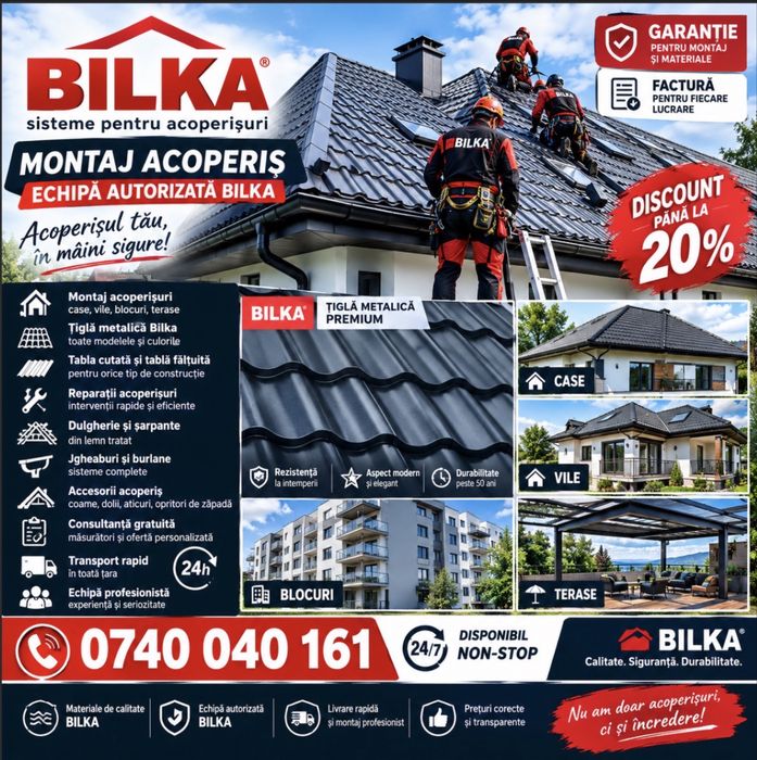 Servicii de acoperisuri, Renovare acoperiș, Montaj țiglă metalică, Dulgherie, Mansardari