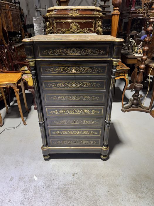 Secretier napoleon III - lemn masiv, intarsii alama si blat marmura