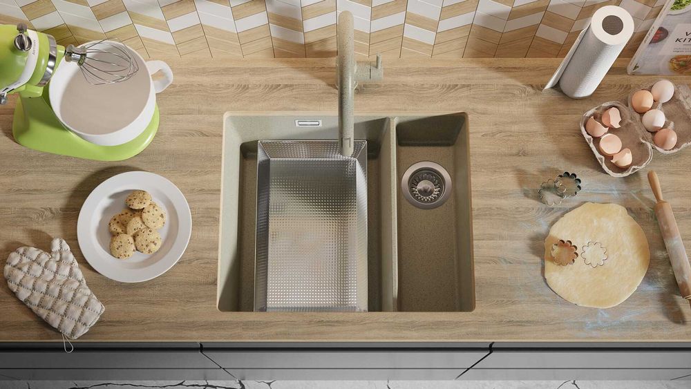 Гранитна Мивка за Вграждане под Плот Лондон 60 Duo 550 x 450 бежава