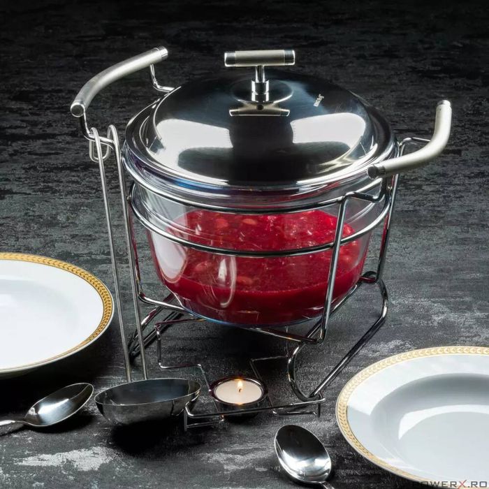 Vas termorezistent, capac inox, cu incalzitor pentru mancare, chafing