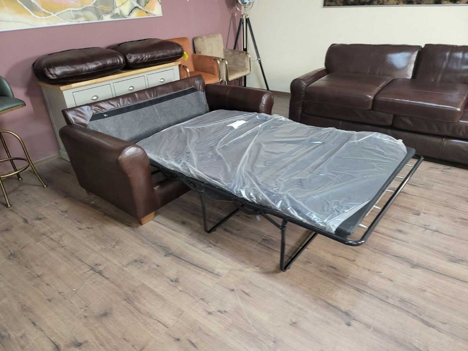 Кафяв кожен комплект дивани четворка и двойка с функция сън
