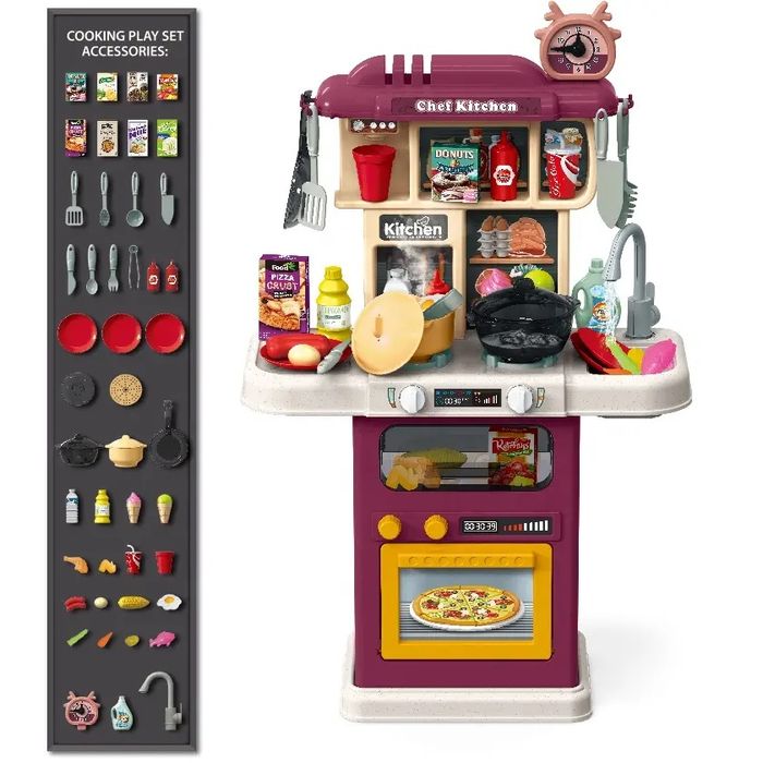 Bucatarie copii cu circuit apa real, cuptor, plita, 64 piese Violet
