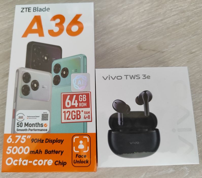 Смартфон ZTE A36 и наушники Vivo TWS 3e