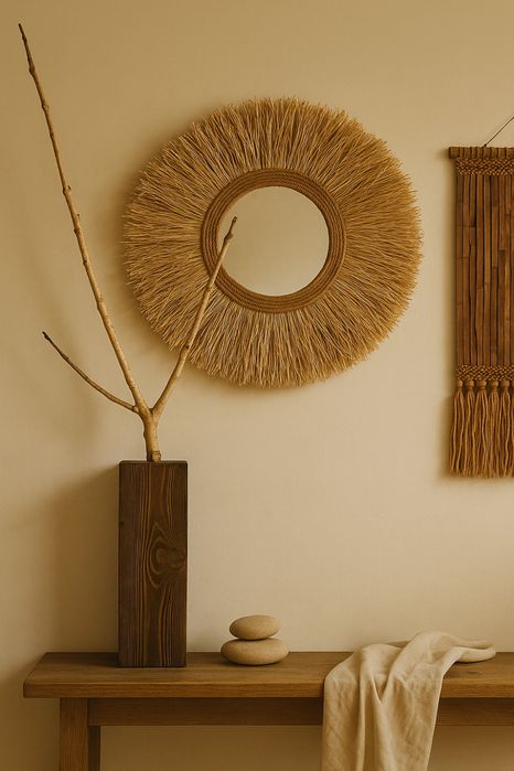 Огледало с рамка от естествена рафия – бохо акцент с характер!
