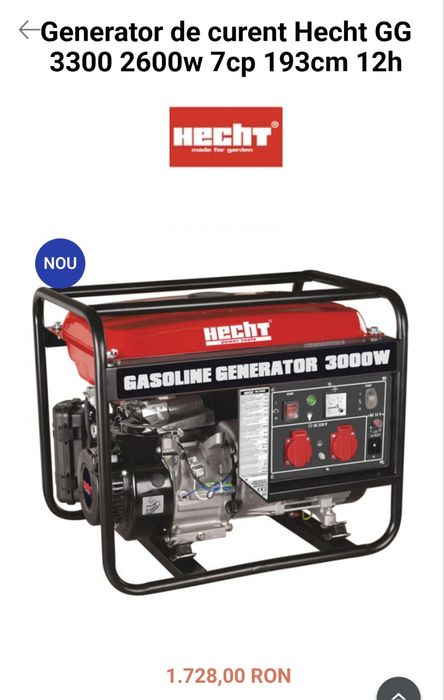 Vând Generator de curent HECHT GG 3300  2600V 7cp  193cm 12h
