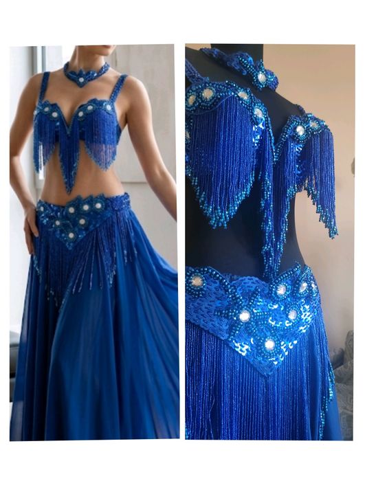 Costum belly dance profesional, lucrat manual,  albastru regal , M