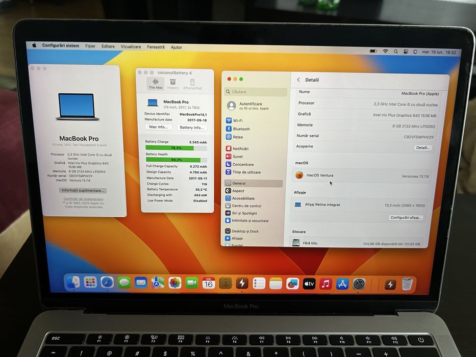 Macbook Pro A1708 13" 2017 baterie 119 cicluri