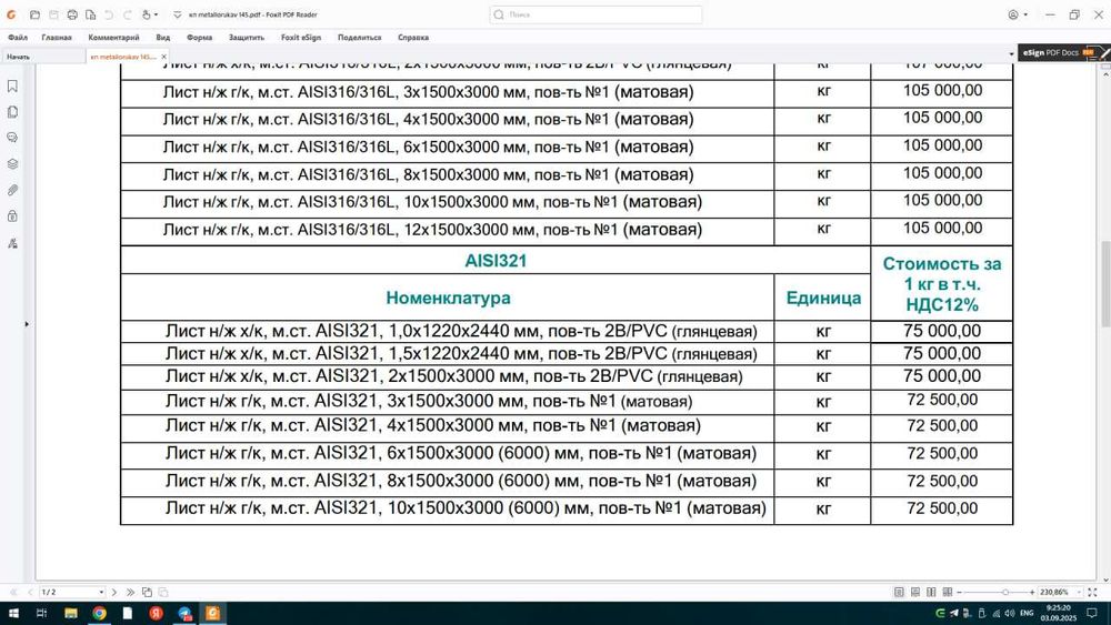 Лист н/ж г/к, м.ст. AISI316/316L\321\304 в ассортиментэ