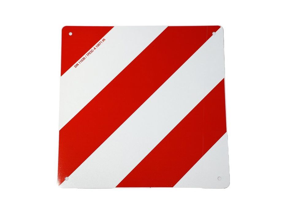 Placa reflectorizanta semnalizare gabarit depasit Carpoint, metal, 43 x 43 cm, cu dungi oblice rosii si albe, pentru marfa incarcata care depaseste