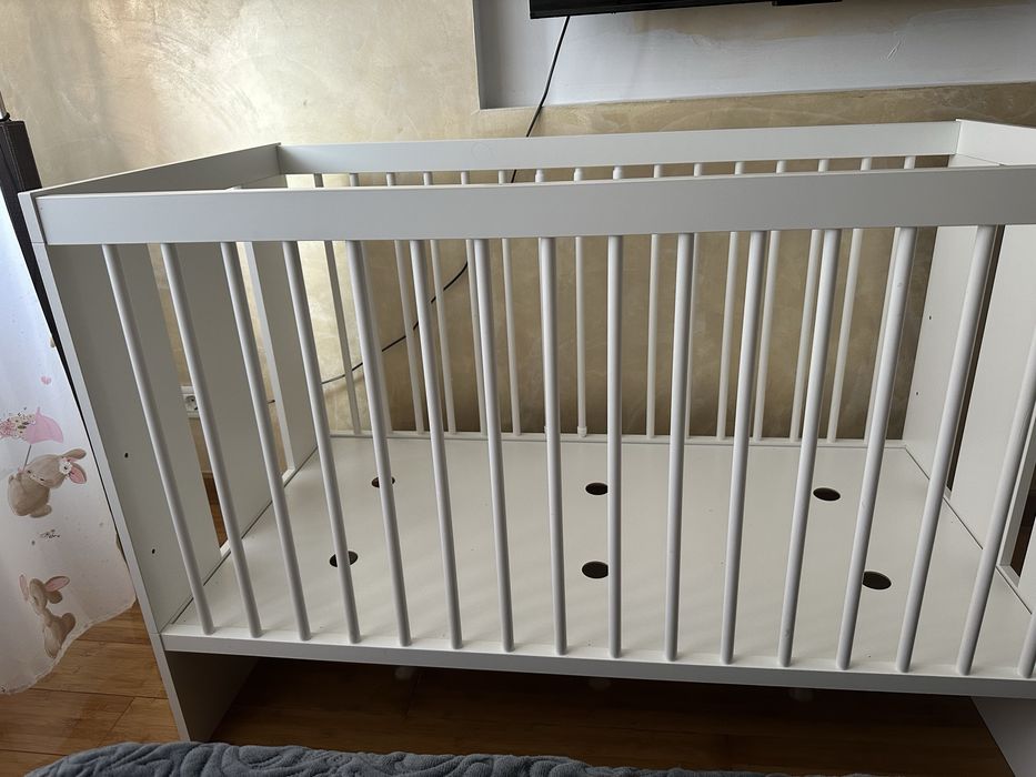 Patut din lemn pentru copii Alb Klups + saltea