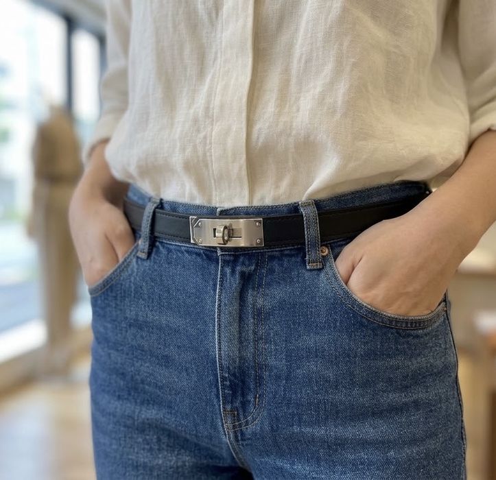 Curea imitație piele neagră cu argintiu ajustabilă stil Hermes