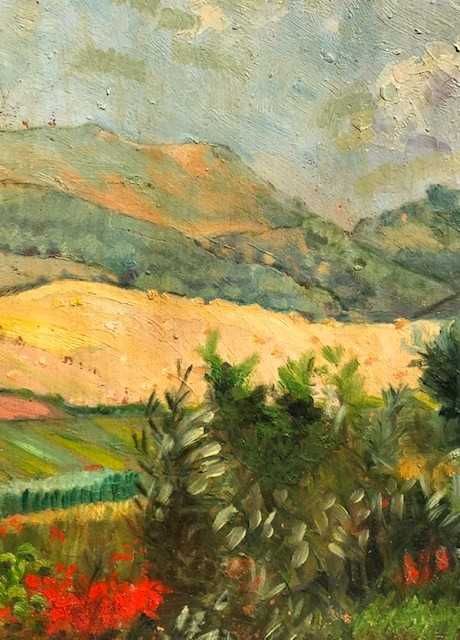 "PEISAJ CU DEALURI" Tablou VECHI, autentic, ulei/carton, semnat. 65x50