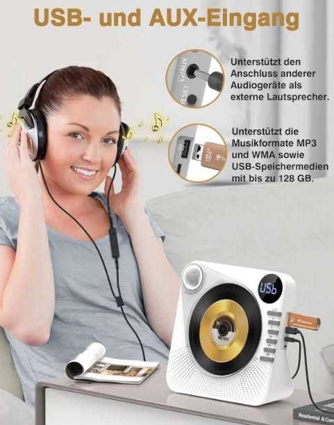 CD плейър Greadio CD86, Bluetooth 5.1, мултифункционален CD плейър с високоговорители, дистанционно управление, HiFi звук