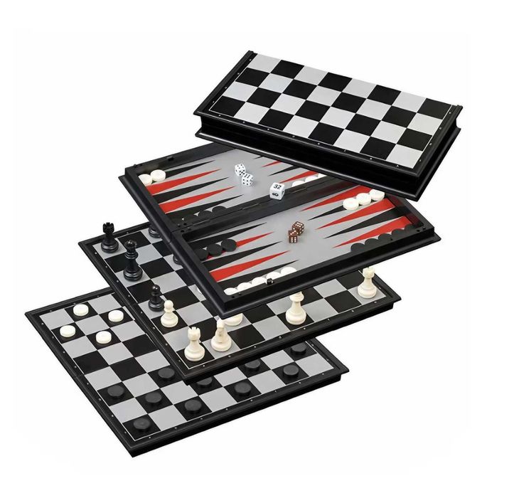 Магнитен шах 3 в 1 комплект - Шах Табла и Дама (морски шах) 2 размера