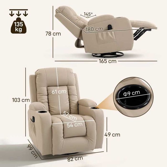 Fotoliu Reclinabil cu 8 puncte Masaj și Încălzire, Negru - Crem HOMCOM