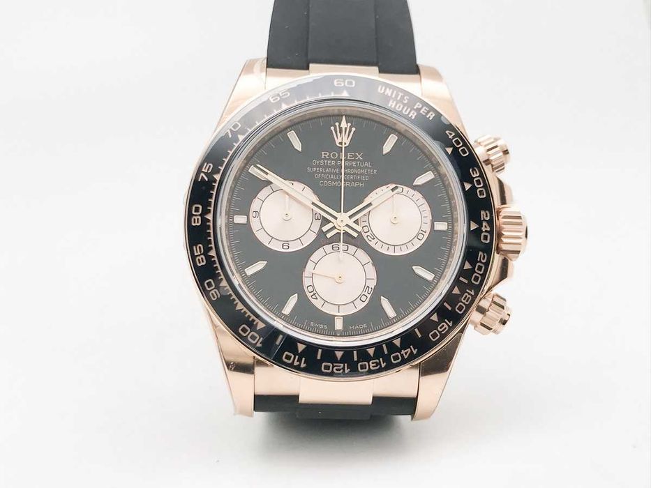 Rolex Daytona 126515 Rose Gold 40mm – Черен циферблат, керамичен безел, каучукова каишка – реални снимки