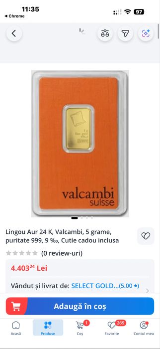 Lingou 5 grame aur 24 karate Puritate 999 Valcambi Suisse pret 3500 le