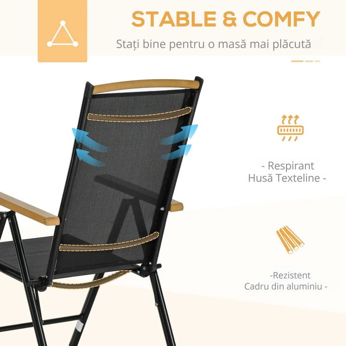 Outsunny Set Mobilier de Gradina si Terasa, 7 Piese, Masa cu Blat din Sticla si 6 Scaune Pliabile, Reglabile din Textilena, Rezistent la Intemperii