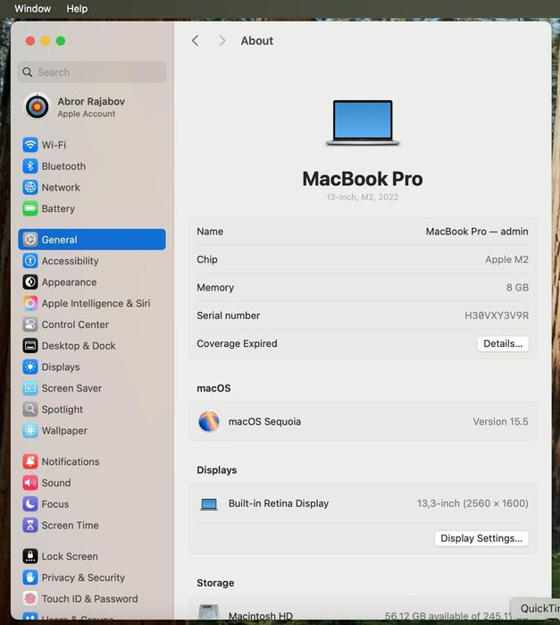 MacBook Pro M2 2022 — Komplekt + Holat zo‘r