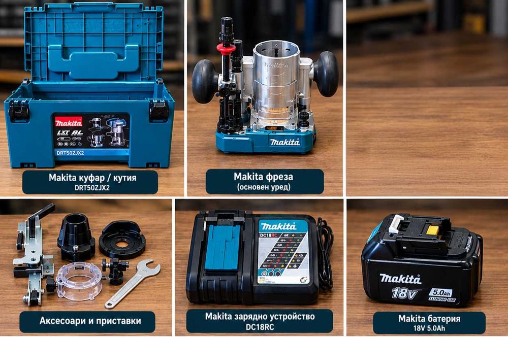 БЕЗ КОМПРОМИС! Пълен комплект Makita DRT50 18V BL (5.0Ah) + Основи + Фрезери CMT. КАТО НОВА!