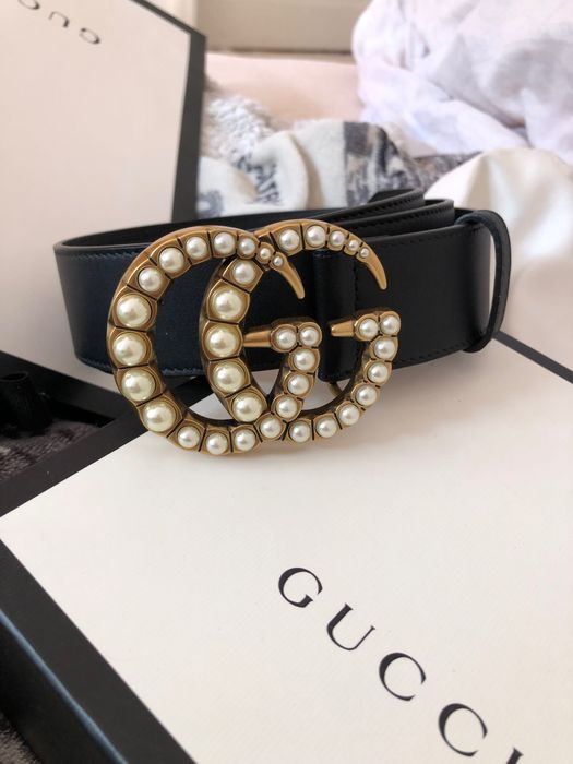 Curea originala Gucci Black Leather Belt With Pearl Double G Buckle