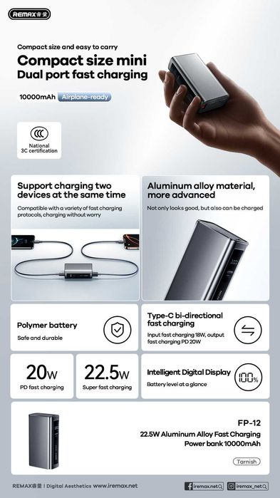 Remax FP-12 Ultra mini PD22.5W Power Bank CCC 10000mAh for iPhone 17
