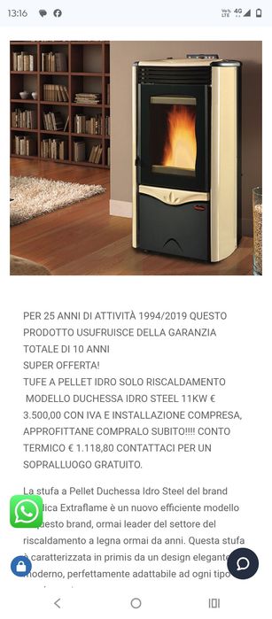 Centrala termica pe peleți de 13 kw  cumpărată în Italia ,nu este in Romania ,focar din fontă 160 kg