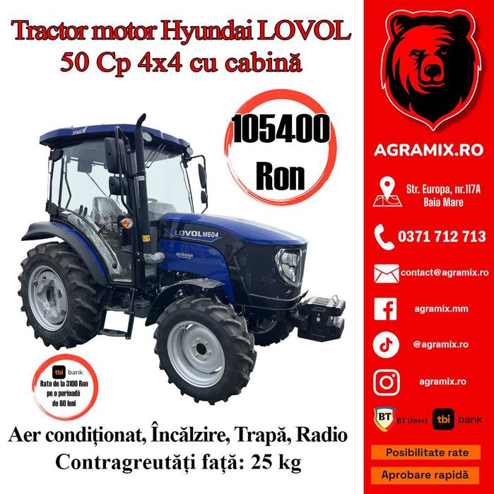 Tractor cu cabina 50CP 4x4 inmatriculabil LOVOL Agramix